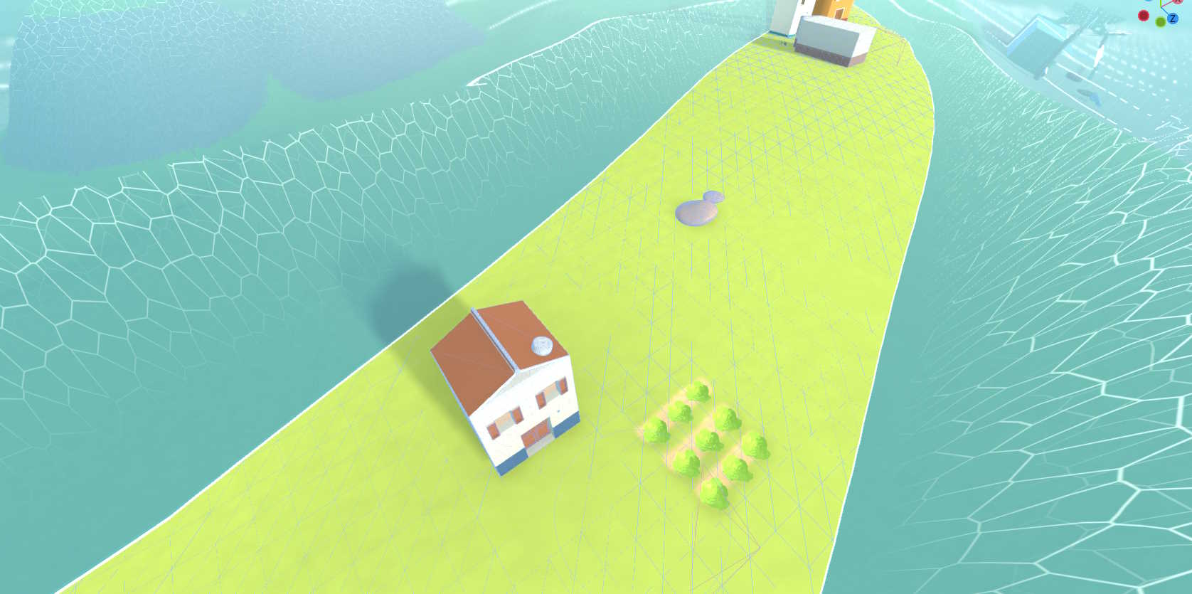 Captura de pantalla de la isla de Bug Fiesta con un oleaje enorme que está a punto de cubrir los edificios.